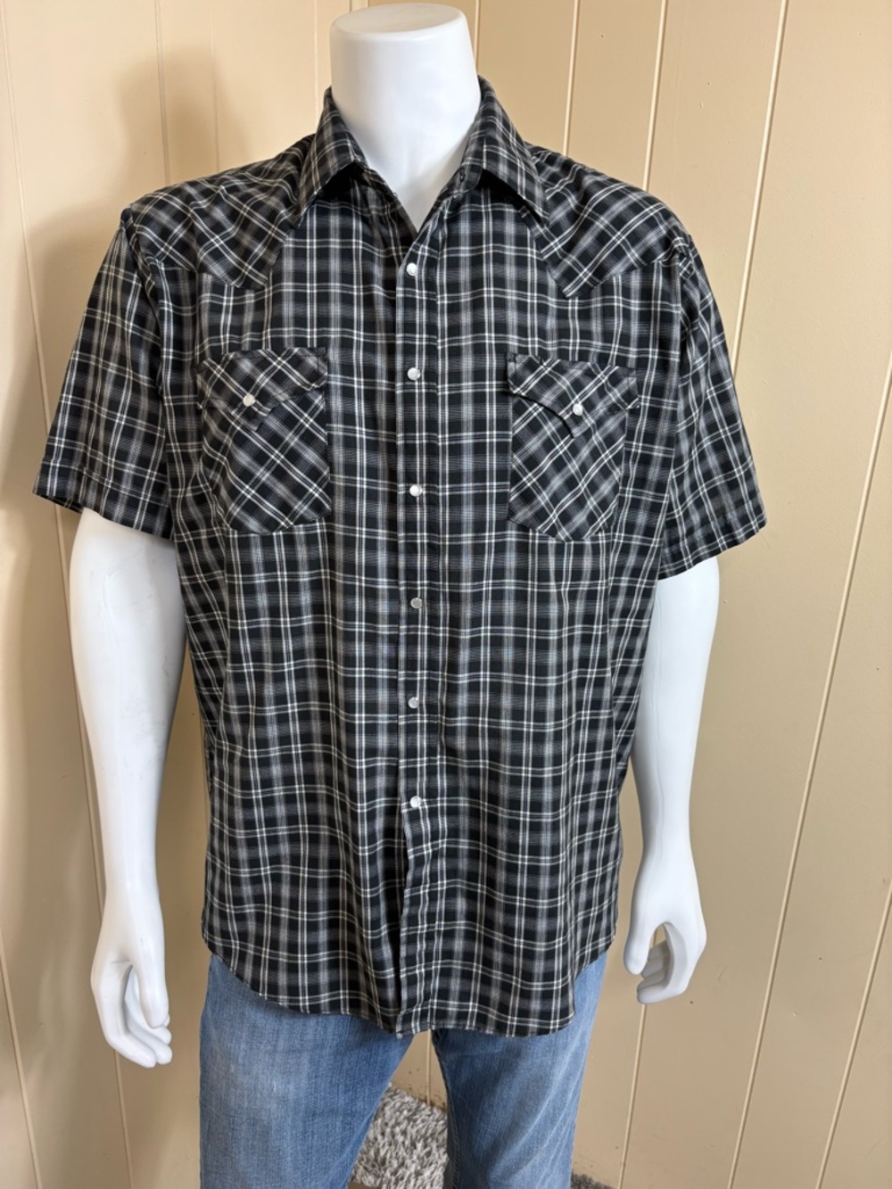 Plains Westernwear Men's Pearl Snap Short Sleeve Shirt Black Plaid Size XL
